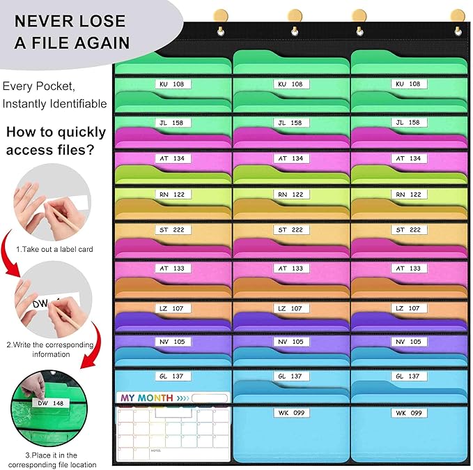 ABCxGOOD 30 Pockets Hanging Wall File Organizer, Transparent Clear Pockets Storage Chart with Over Door Hooks for Office, Classroom & Home, File Folder & Paper Organizer, Includes Labels (30 Pockets)