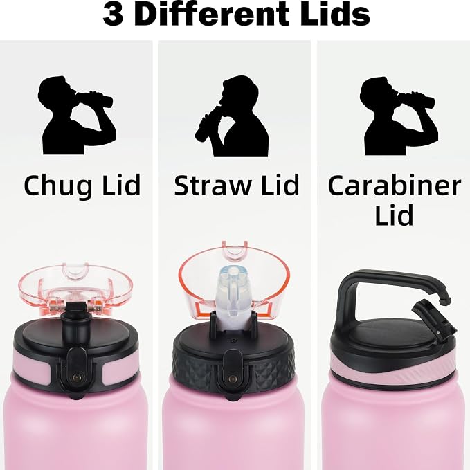 Oldley Insulated Water Bottle 32oz Water Bottles with Straw, Stainless Steel Water Bottle with 3 Lids, Double Wall Vacuum Bottles for Adult Kids, Sports Bottles for School Travel,Ombre Pink-Purple