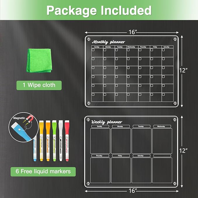 WALGLASS Acrylic Calendar for Fridge, Monthly Clear Acrylic Magnetic Dry Erase Board for Refrigerator, Set of 2 Stronger-Magnetic Reusable Fridge Planner, Includes 6 Liquid Chalk Markers