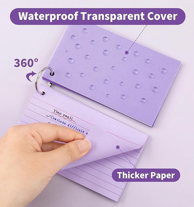 250 Count Colored Index Cards with Key Ring, 3 x 5 Inch Ruled Flash Cards 9 Color, 5 Packs of 50 Sheets Lined Study Note Cards for School&Office Supplies, Heavy Flashcards with Waterproof Cover