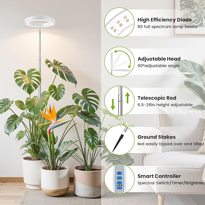 Kullsinss 6.3in Grow Light, Full Spectrum Plant Lights for Indoor Growing | White Plant Lamp with 6/12/16H Auto Timer, 5 Brightness Levels, 10-60in Height Adjustable, for Indoor Tall Plants (2-Pack)