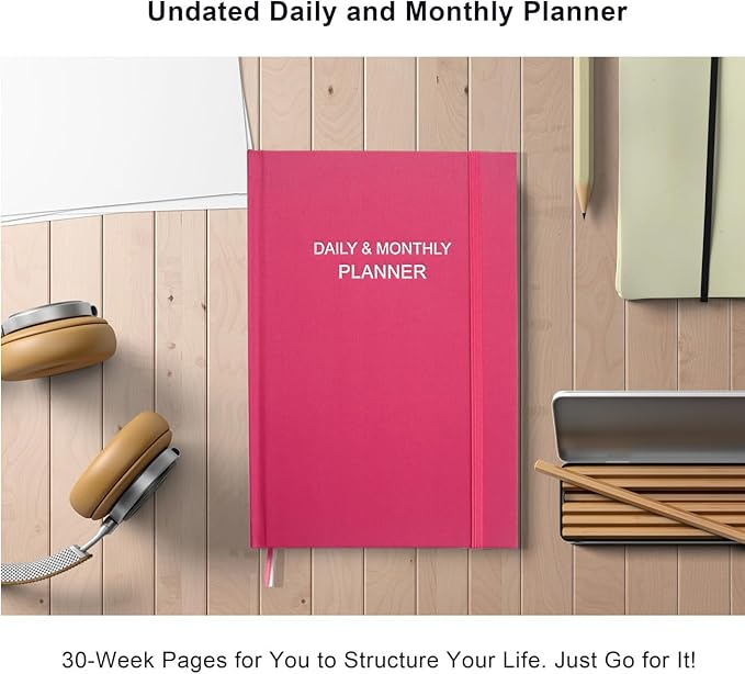 Daily & Monthly Planner for 2026 or Anytime - ADHD Planner Two Pages Per Day, Daily Planner Undated to Increase Focus, Eliminate Overwhelm, Achieve Your Biggest Goals, 5.8'' × 8.3'', Pink