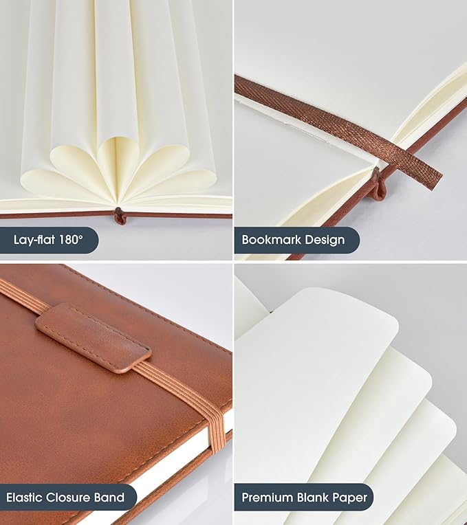 Biuwory Blank Journal Notebook for Women Men, Hardcover Leather Sketchbook 5.7"×8.3", 140 Pages Unlined Sketch book for Drawing, Writing, Travel, School & Work, Journaling Notebooks (Brown)