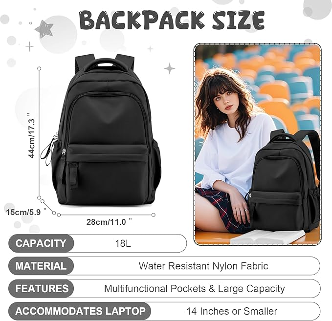 winspansy Small Backpack For School Girls Boys Aesthetic Lightweight Travel Daypack Simple Cute Backpack For Women Men College High School Bookbag Fit 14 Inch Laptop,Black