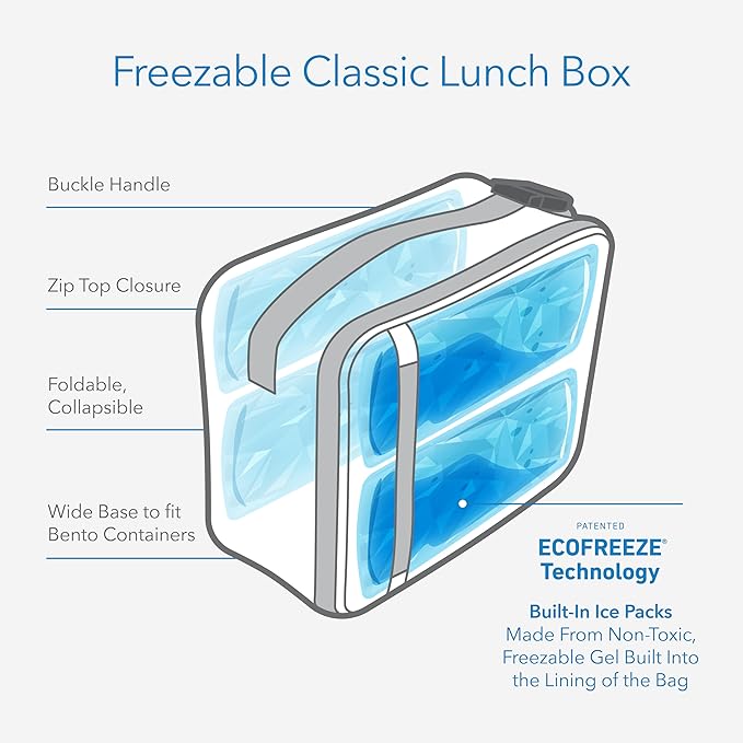 PackIt(R) Freezable Classic Lunch Box, Daisy Sage, Built with EcoFreeze(R) Technology, Collapsible, Reusable, Zip Closure With Zip Front Pocket and Buckle Handle, Designed for Fresh Lunch On the Go