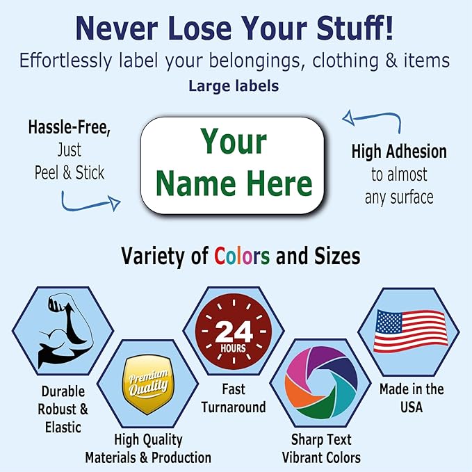 24 Large Personalized Waterproof Name Labels. Press and Stick Multi use Custom Name Labels. Customized 2 Lines of Text and Color. ID Identification Name Stickers with Permanent Self Adhesive.