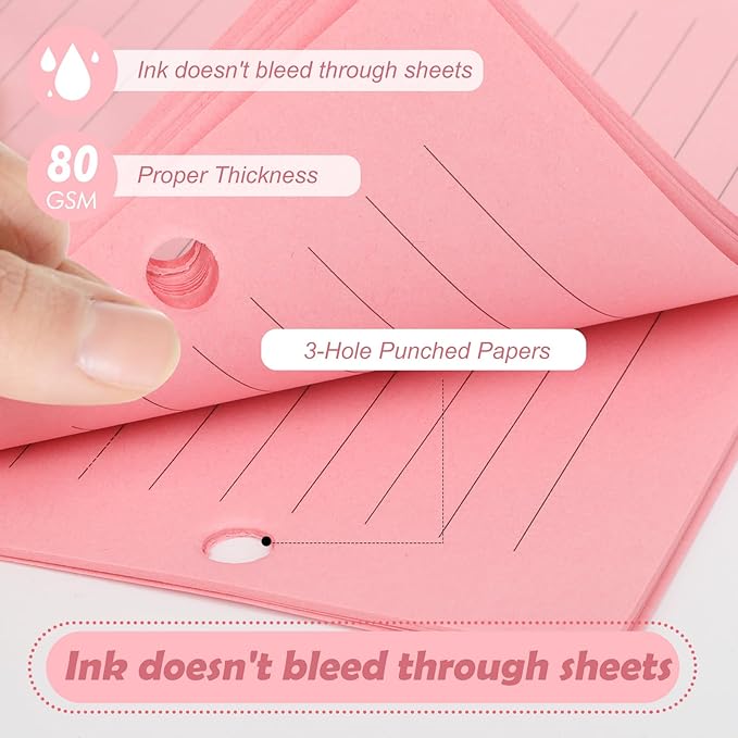 200 sheet Half Letter Lined Paper 3 Hole Punch 5-1/2 x 8-1/2 College Ruled Loose Leaf Notebook Paper Lined Refills Paper Colored Wide Ruled Paper Mini Binder Paper Fits 3 Ring Binders For Office