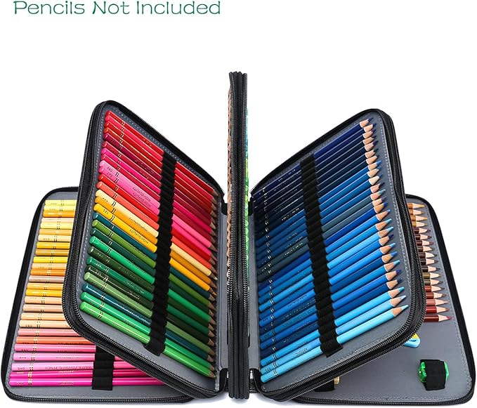 YOUNGCOL 200 Slots Colored Pencil Case - Deluxe PU Leather Pencil Organizer Holder With Zipper Closure Large Pencil Box for Colored Pencils Watercolor Pencils (Black, 200 Slots)