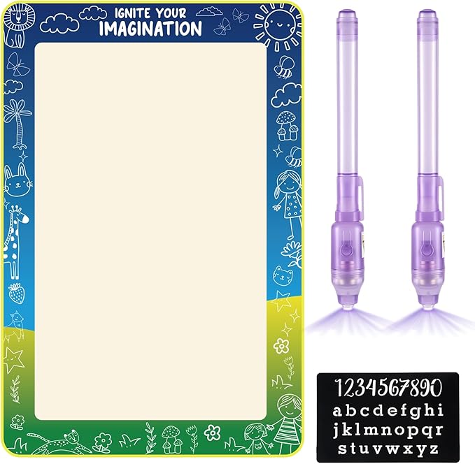 Dunzoom Light Reactive Drawing Surface Board 36 x 24 Inch Bright Glow Effect with 2 Purple Light LED Pens and 1 Number Alphabet Stencil for Drawing Writing Doodle Glow in The Dark Party Favors