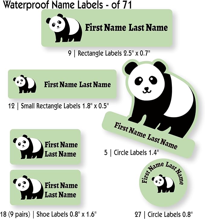 Personalized Kids Name Labels – Waterproof Custom Stickers for Daycare & School, Dishwasher & Laundry Safe (Panda - Green)