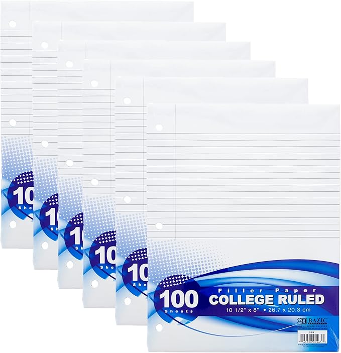 BAZIC Products College Ruled Filler Paper, 100 Sheets, 3-Hole Punched, 6-Pk