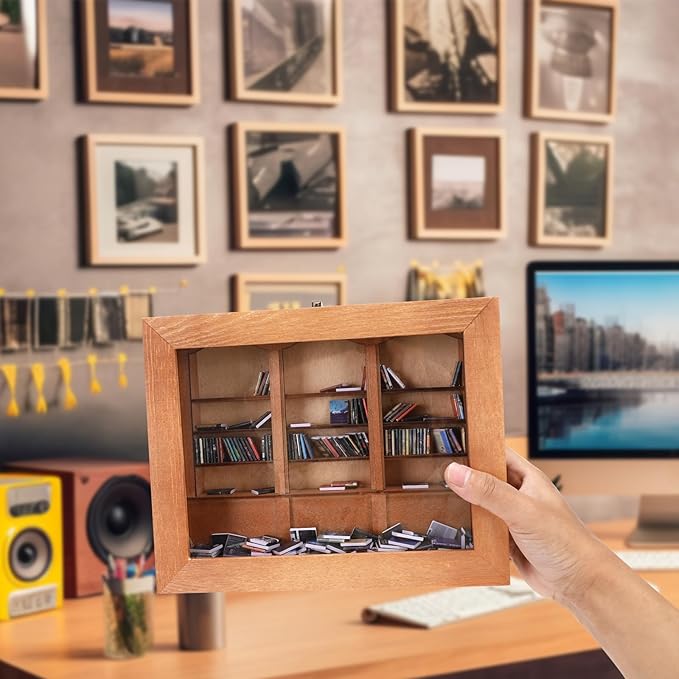 MEGREZ Book Stand for Reading (13.2 x 9.4 inch) Bamboo Cookbook Stand Holder & Anxiety Bookshelf Shake Away Your Anxiety, Handmade Mini Library Decor with Tiny Books