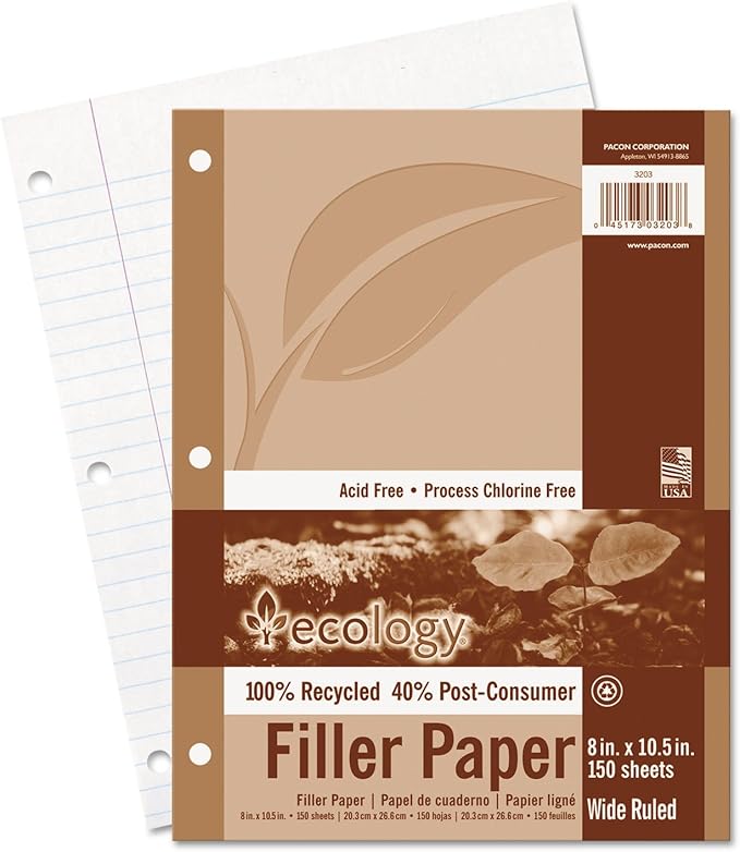 Ecology Recycled Filler Paper, Wide Ruled, White, 150 Sheets