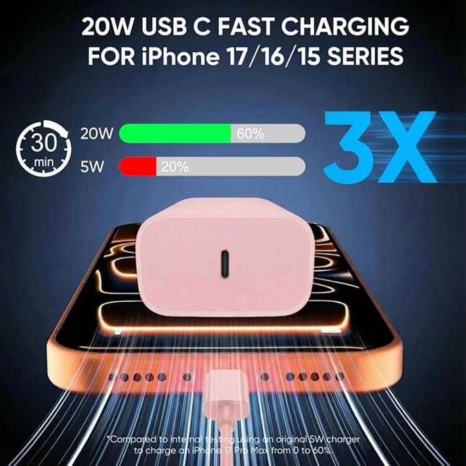 iPhone 17 16 15 Charger Fast Charging 6FT+10FT Cable, 20W USB C Charger, USBC Wall Charger for i Phone 17 Air 16 16e/16 Pro/16 Pro Max/15/15 Plus/15 Pro/15 Pro Max,i Phone iPad Pro/Mini (Pink)
