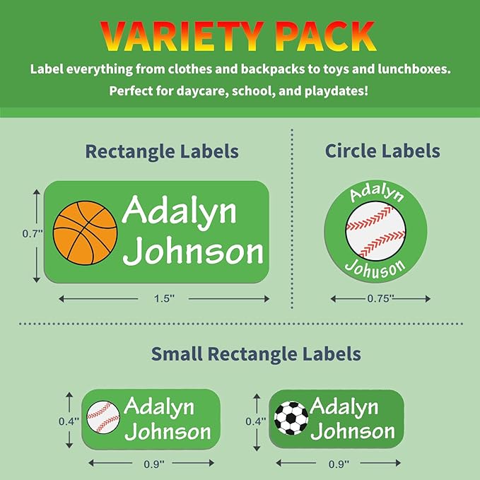 Custom Personalized Name Labels for Kids-(200-1000Labels) Waterproof Name Stickers Tags for School&Daycare,Clothing Tags,Washable&Durable Labels for Lunch Boxes, Bottles,Toys&GEA (Sports)