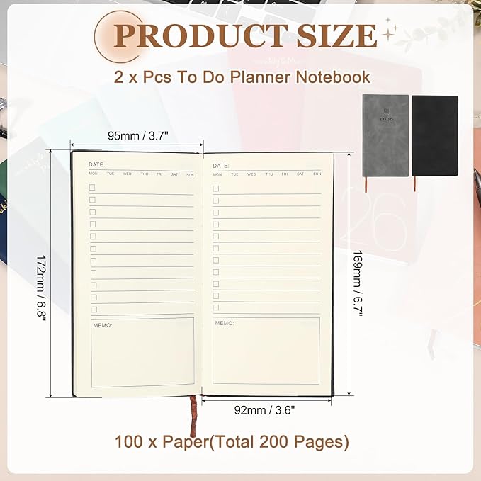 PATIKIL 2Pcs Planner Notebook, A6 100 Sheets Undated to Do List Daily Weekly Monthly Goals Tracker Pocket Notebook for Office Study Time Management Fitness Weeding, Black/Grey