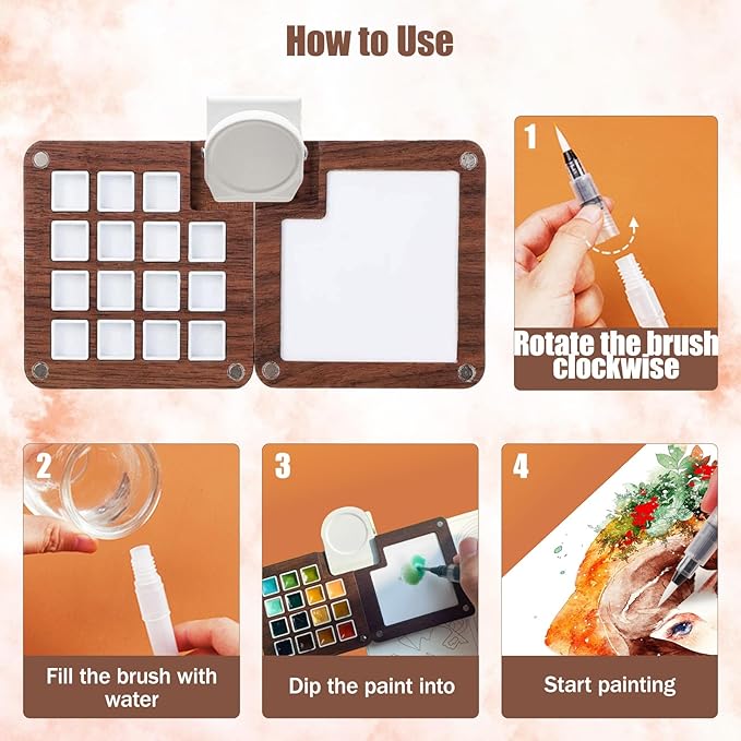 Mini Watercolor Travel Set,Portable Watercolor Kit,15 Grids Portable Wooden Paint Palette with Bag,12 Paint, 4 Brush, Cleaner Cup,2 Sketchbooks Magnetic Clip,Watercolor for Painters,Beginners,Artists