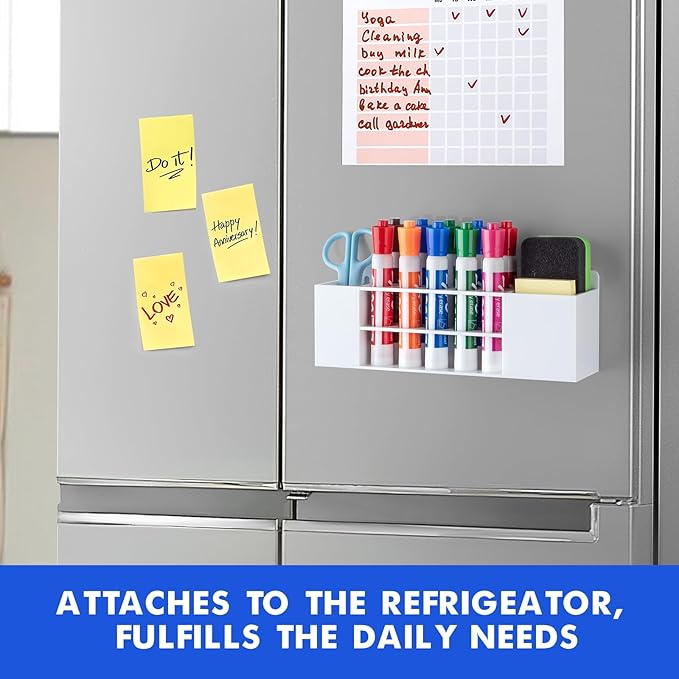 Magnetic Dry Erase Marker Holder for Whiteboard, Wall Mount Pen Holder for Refrigerator, Clear Pencil Holder for Fridge, Strong Magnet Locker Organizer for Classroom(White)