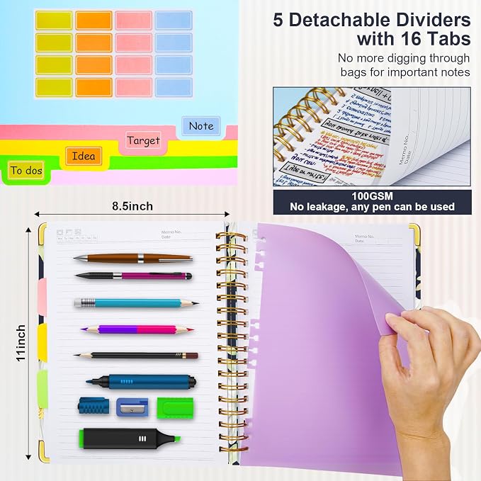 Spiral Journal Notebooks for Work, 300 Pages 5 Subject Notebook College Ruled with Dividers & Tabs, Notebook Journal for Women Students Note-Taking and Organizer (White Daisy, 8.5''x 11'')
