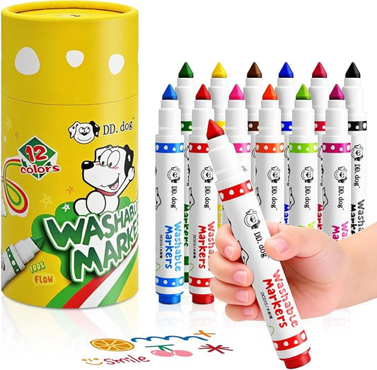 Washable Markers for Kids, 12 Vibrant Colors with Cone Tips & Easy-Grip Barrel - Toddler Art Supplies, Washable from Skin & Clothes, Portable Case for Preschool, Home, Travel (cartoon, Count, 12)
