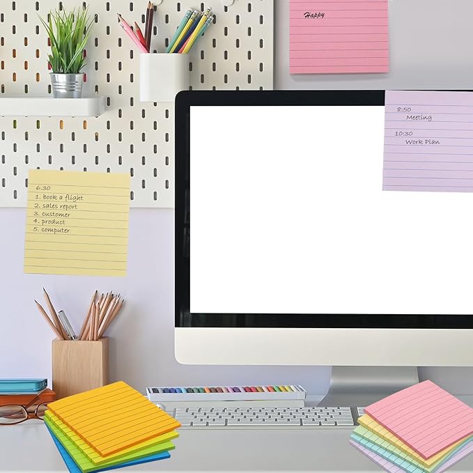 HQCME 9 Pads Lined Sticky Notes 4x4 in Post, 9 Multi Colors Super Sticking Power Memo Pads, Strong Adhesive, 4x4 Sticky Notes Large Eeay for Office, School, Home Use