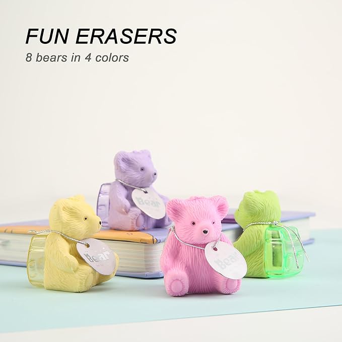 HILAZA 8Pcs Cute Backpack Bear Erasers Desk Petski, Kawaii Fun Animal Erasers with Pencil Sharpener for School Classroom Supplies Prize Gifts Party Favors