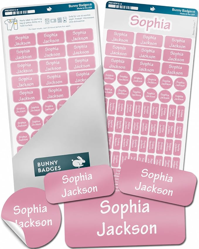 Bunny Badges Personalized Name Labels for Kids (75 Labels) - Custom Waterproof Name Stickers for Daycare, Clothing Tags, Water Bottles, Lunch Boxes and School Supplies (Pink)