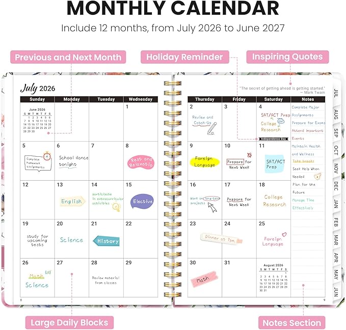 Planner 2026-2027, Monthly and Weekly Academic Planner July 2026 - June 2027, Hardcover Student Teacher Planning Agenda Calendar Book with Tabs, Perfect for Office School Supplies, A5 (6.3" x 8.5") - Songbird Bloom