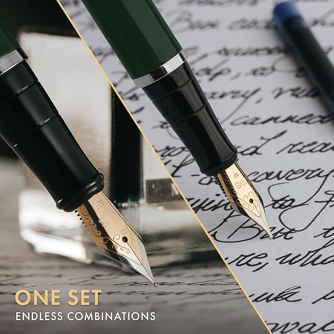 Wordsworth & Black Fountain Pen Set,18K Gilded Medium and Extra Fine Nib,25ML Black Ink Bottle,6 Ink Cartridges,Refill Converter,Gift Box,Smooth Writing Pens [Green Chrome],Gift Set for Men and Women