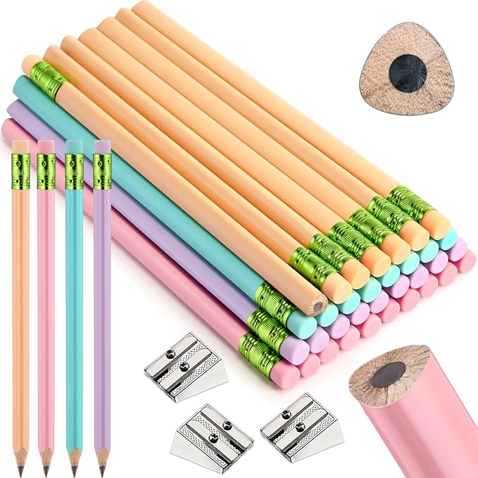 Fainne 48 Pcs Fat Pencils Jumbo Big Thick Large Pencils and 3 Pieces Sharpeners for Kids Beginners Preschoolers Kindergarten School Office Supplies(Pastel Color,Triangle)