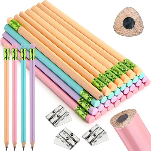 Fainne 48 Pcs Fat Pencils Jumbo Big Thick Large Pencils and 3 Pieces Sharpeners for Kids Beginners Preschoolers Kindergarten School Office Supplies(Pastel Color,Triangle)