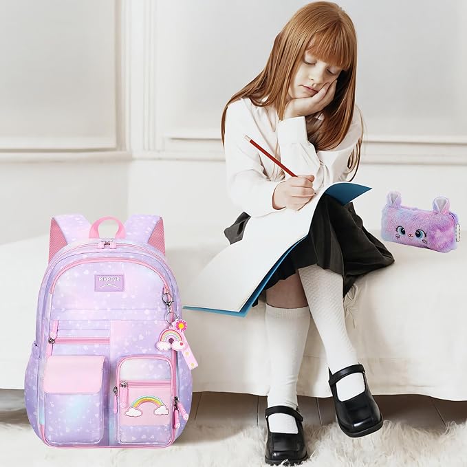Jcobvig Rainbow Backpack For Girls Kids,Cute Student School Backpack With Pen Bag,Aesthetic Starry Rainbow Laptop Travel Bag