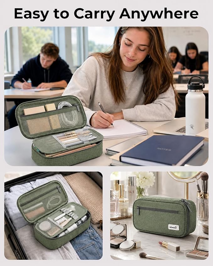 WEMATE Pencil Case, Large Capacity Pencil Pouch, Big Storage Organizer | for Stationery, Zipper Pen Bag, Travel Pen Box, Office Organizer Makeup Bag, for Men Women Green