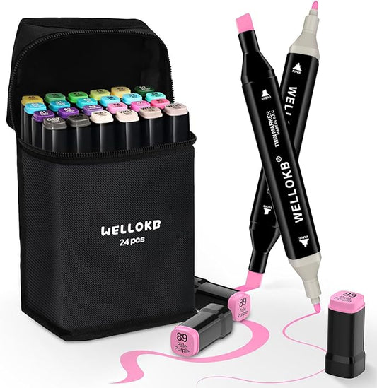 WELLOKB Alcohol Markers, 24 Colors Dual Tip Blender Art Markers for Coloring, Illustrations, and Sketching, Painting, Drawing with Carrying Case