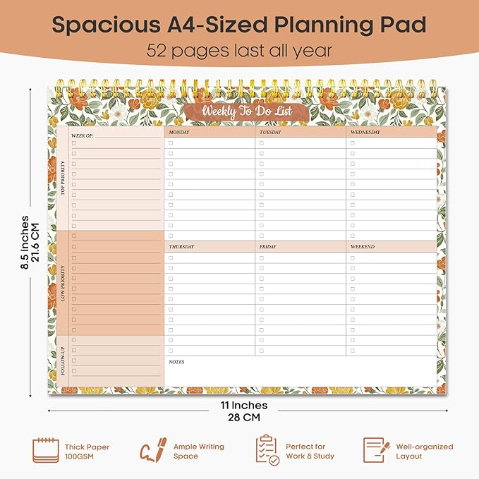 Taja Weekly To Do List Notepad with 52 Undated Sheets（8.5"×11"）- Weekly Desk Planner for Women & Man, Work and Home - 1 Pack Sunshine Field
