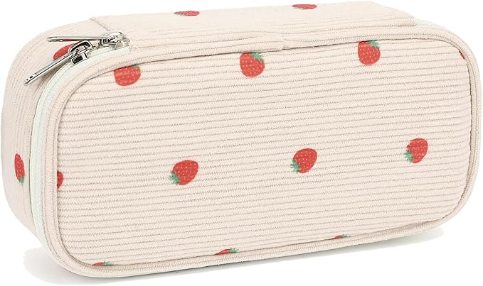 FlowFly Large Capacity Pencil Case for Kids, Boys & Girls – Zippered Multi-Functional Pen Pouch, Soft & Portable Pencil Bag for School, Teens, Students, Corduroy Strawberries Beige