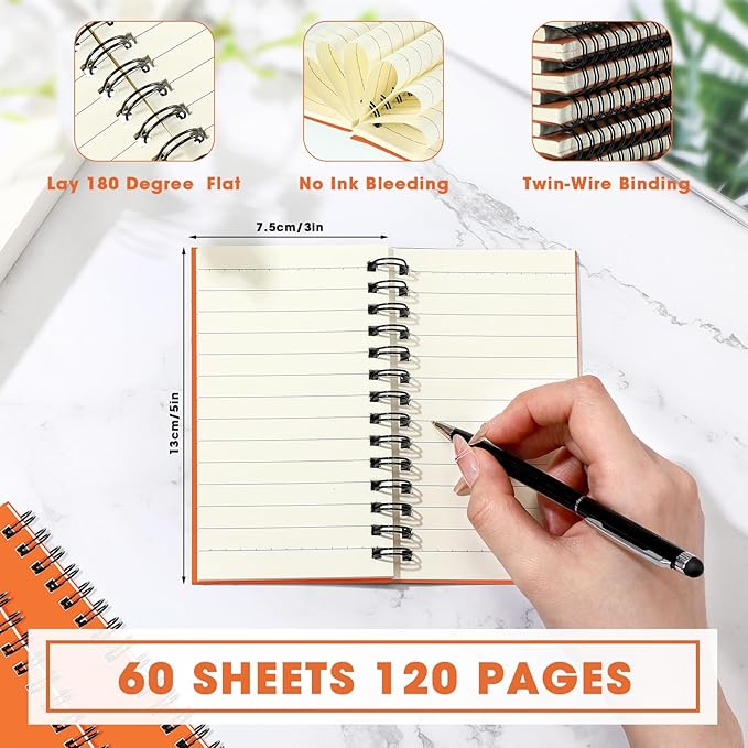 Jutom 6 Pcs Small Spiral Notebooks Memo Pads 3x5 Bulk Small Pocket Notebooks Mini Notepads with Lined Pages Mini Journals for Office School Work Supplies, 120 Pages (Orange)
