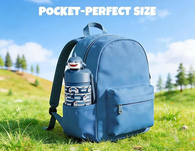 POWCAN 18 oz Insulated Water Bottle for School: 2-in-1 Straw Spout Lid with Soft Animal Head, Leakproof, BPA-Free, Keep Cold 24H, Easy Carry, Stainless Steel Cup for Kids, Boys, Girls (Baby Shark)