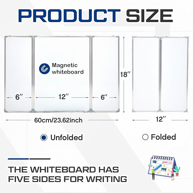 AmazingSpark 24” x 18” Foldable Whiteboard Dry Erase Board Large Tri Folding Whiteboard Magnetic Dry Erase Board, Wall Aluminium Frame and Pen Tray for Office, Home