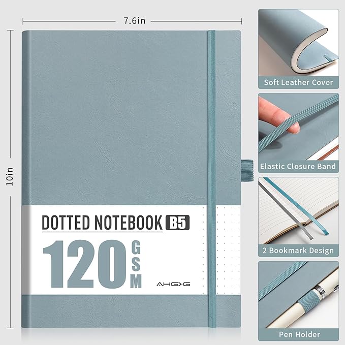 AHGXG Dotted Journal - Dot Grid Notebook Journal, 120 GSM Thick Acid-Free Paper, Large B5 Dotted Notebook 96 Pages, Leather Softcover, Inner Pocket, Journal Stencil, 7.6'' X 10'', Gray Blue