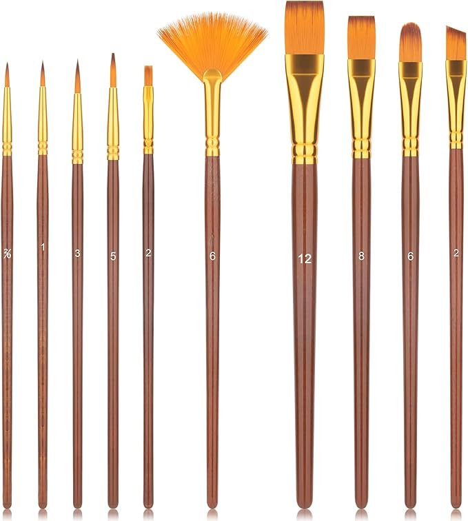 Paint Brushes Set, 10 PCS Professional Artist Painting Brushes Kit for Acrylic Watercolor Oil Gouache Painting - for Beginners or Artists (Brown)