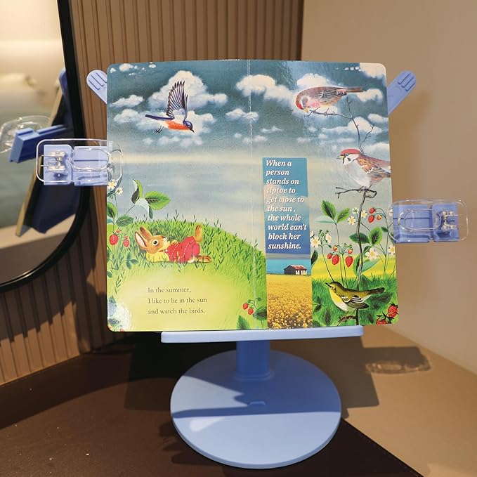 Kids Book Stand, Adjustable Reading Holder with Thick Base, Foldable Reading Stand with Page Clips, for 8.5"×11" or Smaller, Gift for Children's Day, Blue