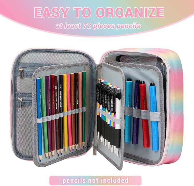 VASCHY Large Pencil Case Bag, Art Supply Marker Organizer Big Pen Pouch with Detachable Layers Slots Multiple Zipper Pockets for Kids Adults School Office Gilter Unicorn