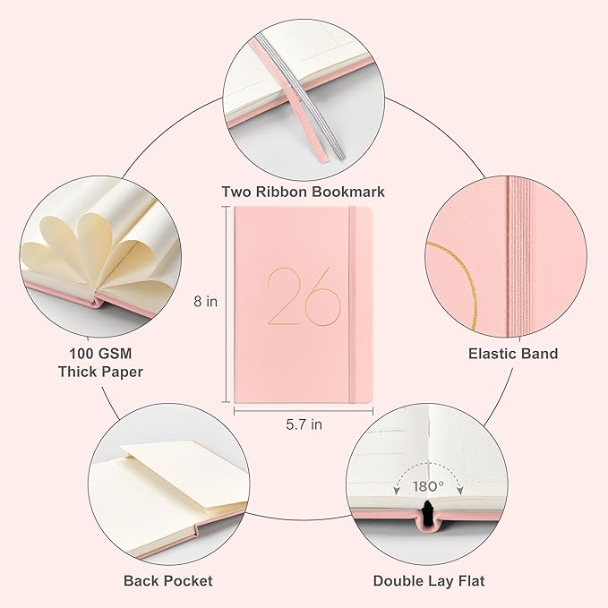 And Per Se 2026 Planner, 15 Months Hardcover Daily, Weekly & Monthly Planner, A5 size, 100GSM Thick Paper, Back Pocket, 5.7" x 8"(Pink)