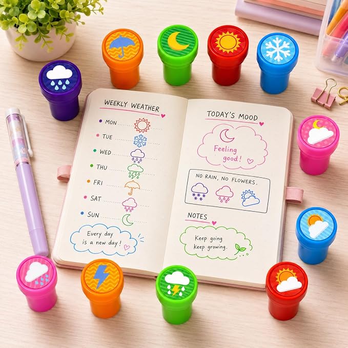 Cinrobiye 24 Pcs Weather Stampers Party Favor Set, Cute Weather Symbols Stamps for Kids Birthday Party, Classroom Rewards, Educational Learning Toys, Goody Bag Fillers