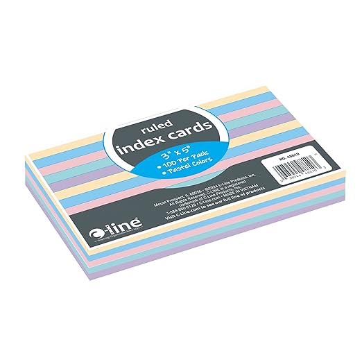 C-Line 3” x 5” Index Cards, Assorted Colors, Ruled, 100/PK (48810)