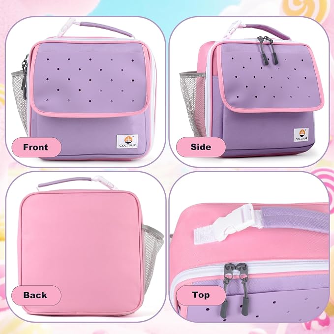 CaCTOUR Lunch Box Kids,Fun Color Lunch Box for Girls,Large Soft Cooler Lunch Bag for Kids,Back to School Thermal Insulated Lunch Tote Bag for School Daycare Outdoor (Light Purple)