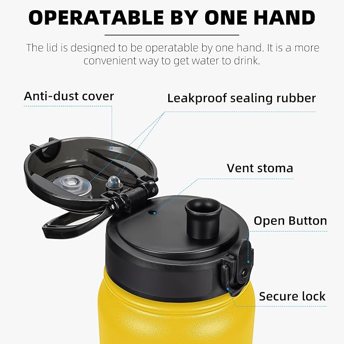 Fanhaw 20 oz Insulated Stainless Steel Water Bottle with Anti-Dust Chug Lid, Leakproof Vacuum Metal Everyday Use Bottle for Kids, Teens & Adults, Back to School Essentials (Yellow)