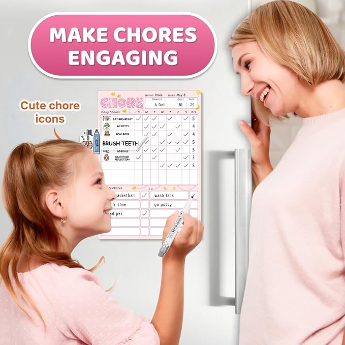 Magnetic Kids Chore Chart for 2 Kids Blue & Pink, Dry Erase Routine Chart for Kid Toddlers Teens Adult with Marker & Chore Stickers, Behavior Responsibility Chart for Kid at Home