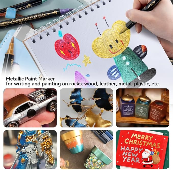 TRANSON 12Colors Metallic Paint Markers Brush and Fine Dual-tip for Rock Wood Ceramic Canvas DIY Painting Drawing